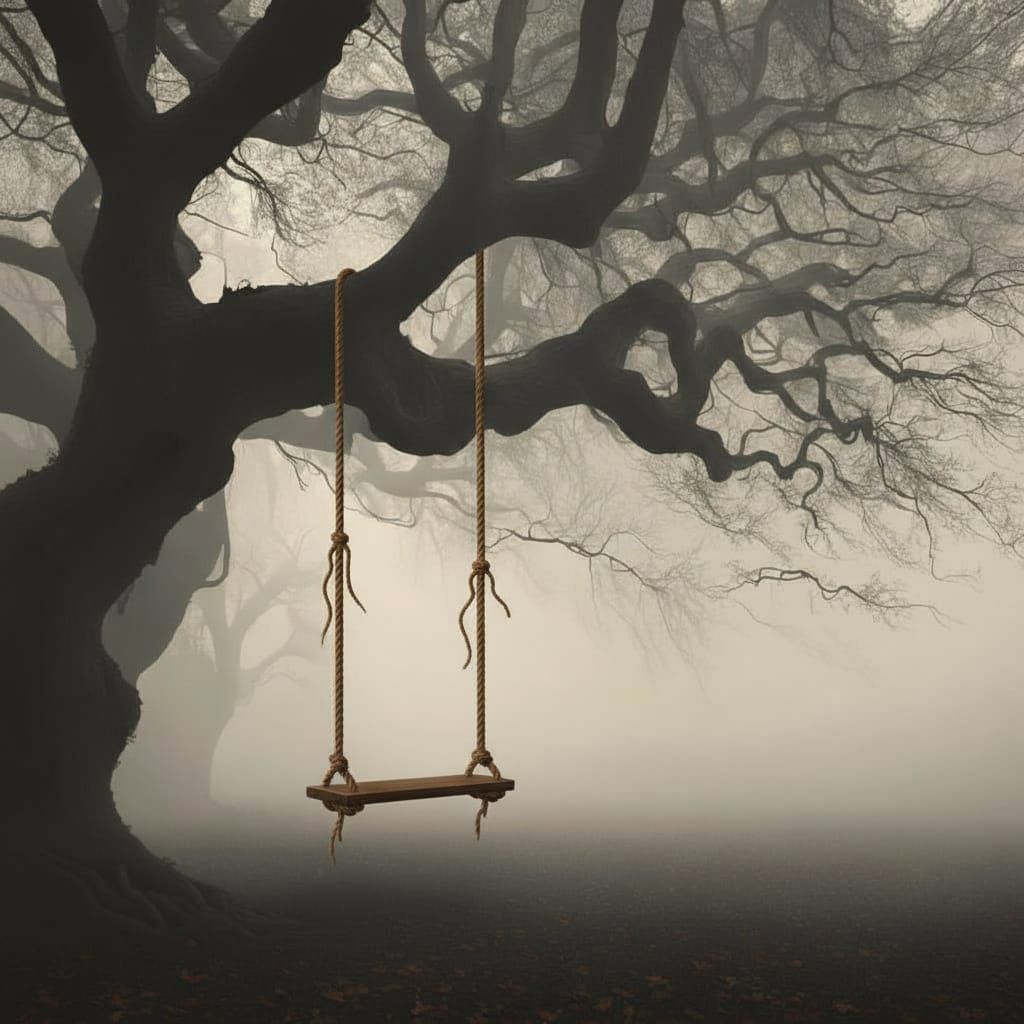 A photorealistic masterpiece of a lonely wooden swing hanging from the gnarled branch of an ancient tree in a fog-shrouded, dark forest, dim...