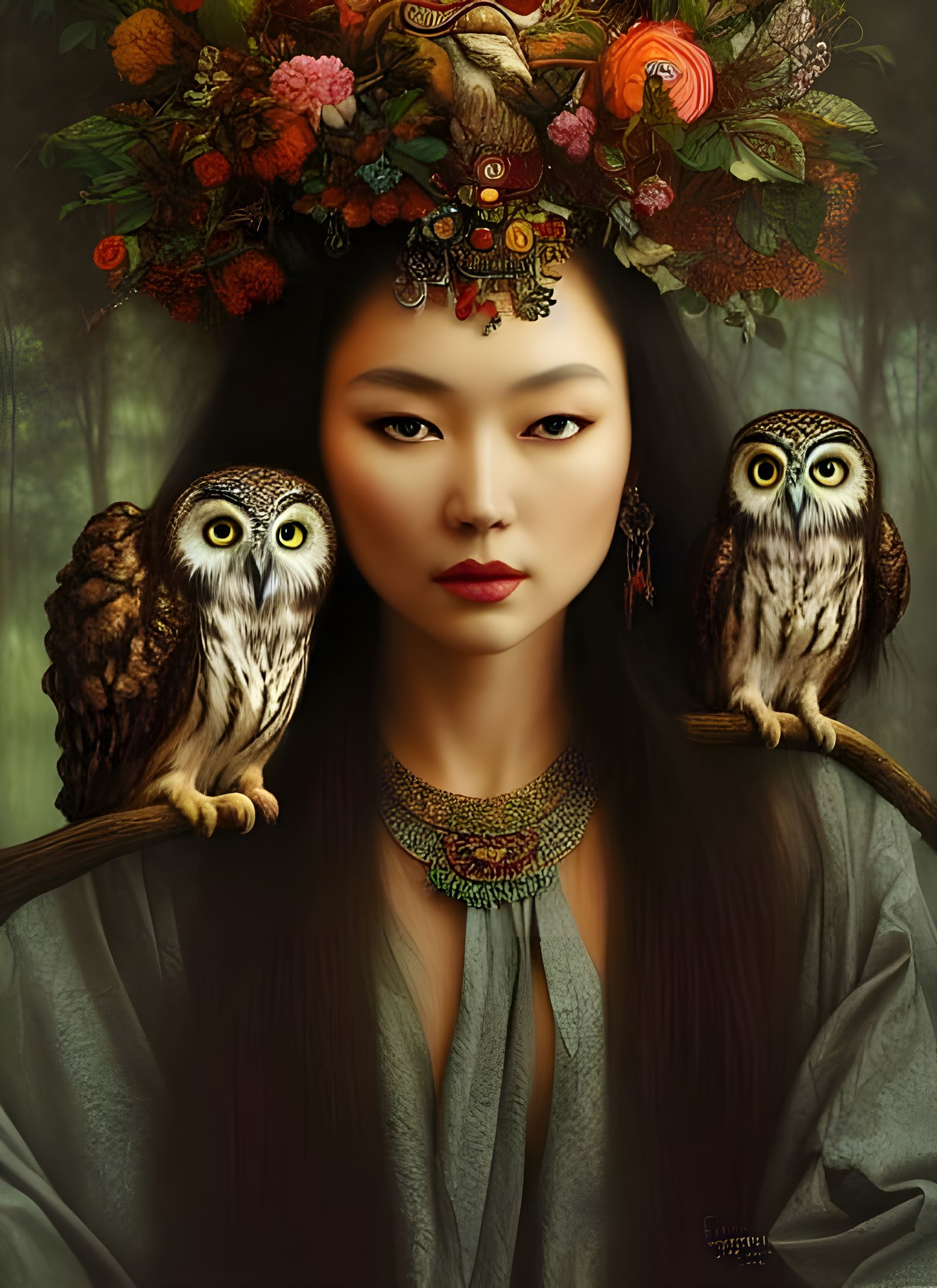 Enchanting Rainforest Goddess with her Beautiful Owls undefined