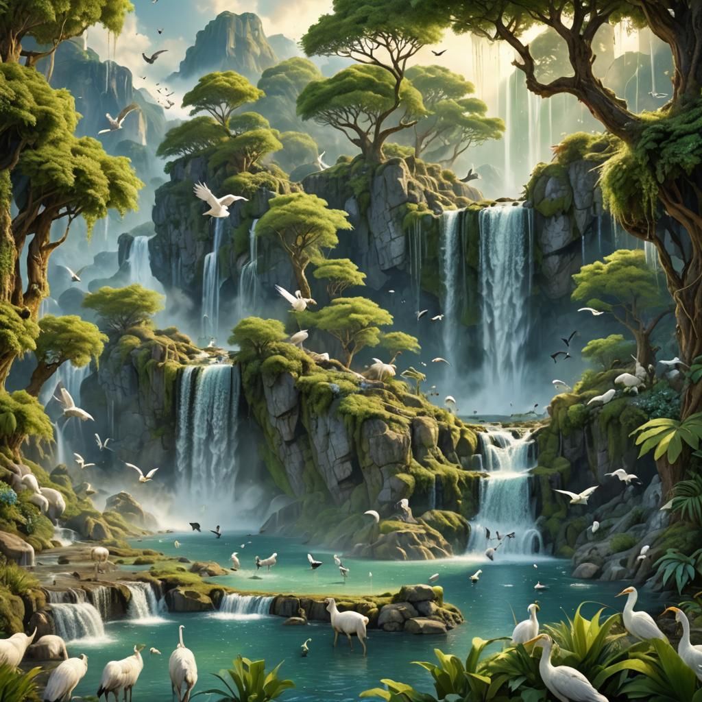 Waterfall Scene with Birds and Animals, Matte Painting