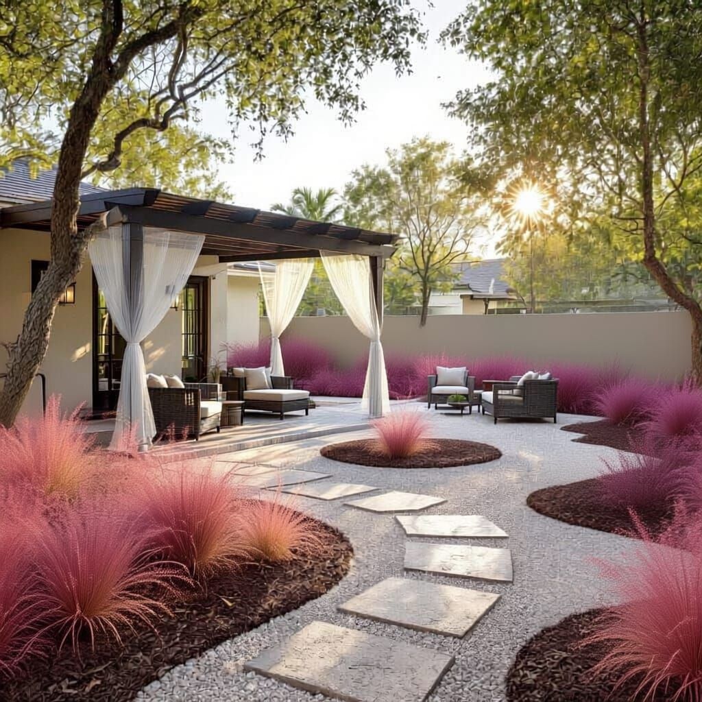 A realistic Florida backyard redesigned for comfort and drainage. Shows a modest home with a dry, well-drained yard featuring a shaded pergo...