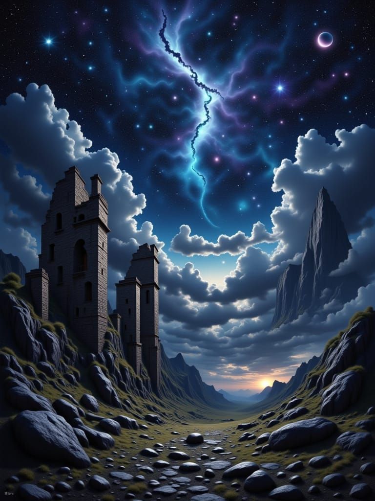 Ancient Litaruni Ruins Under Moonlit Starry Sky