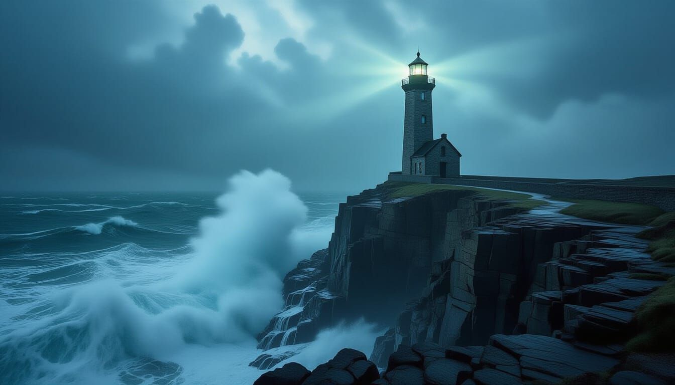 A solitary lighthouse standing defiantly on a jagged, obsidian cliff face, battered by a tempestuous, phosphorescent sea. The sky above is a...