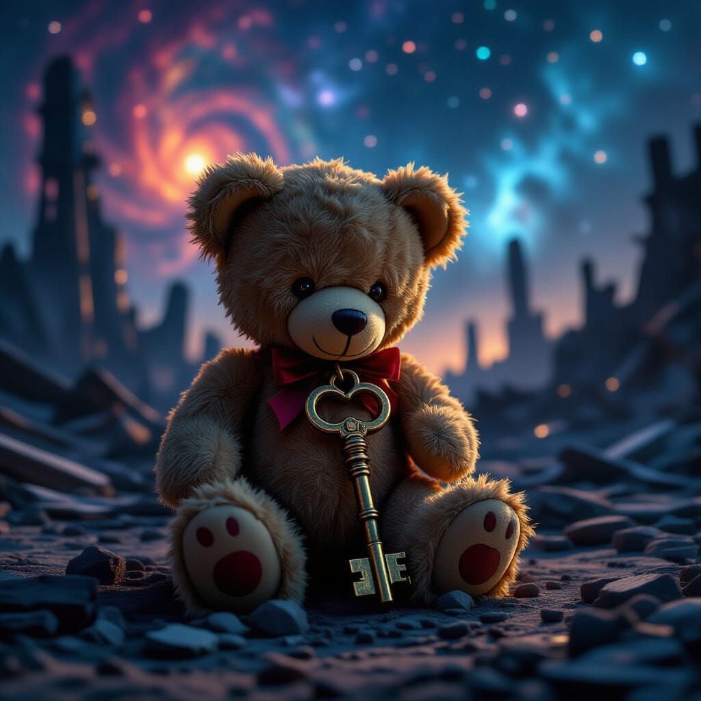 A lone, worn teddy bear sits amidst a sprawling spaceship graveyard under a swirling nebulae sky. The bear clutches a tarnished brass key, i...