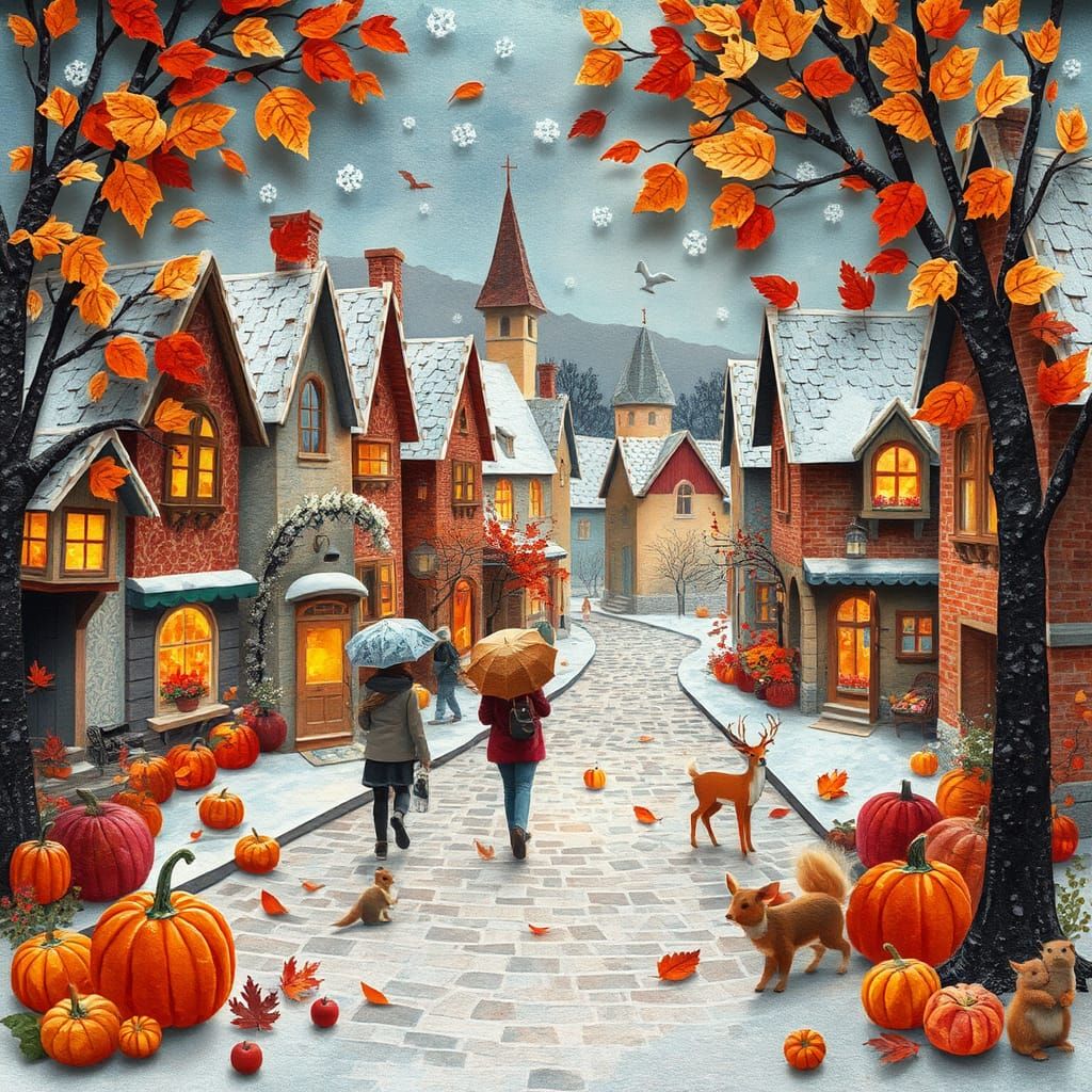Minuscious elaborated collage paper Art, transition autumn to winter, melt Leaves with snowflakes, pumpkings and apples,...