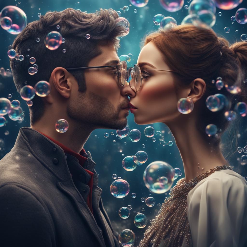 In a big camera lens, Couples kissing in tiny bubbles, within two looking glasses and a Rabbit within the bubbles two looking glasses