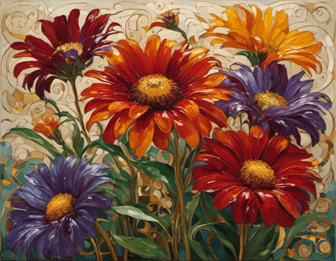 Gazania, rich colors, dark red, purple, blue and sage <lora:Klimt Craft:1.0> 