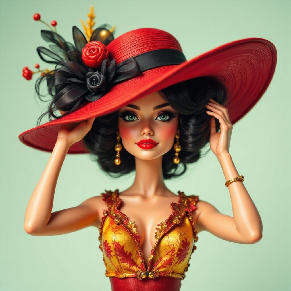 Barbie Figurine Hiding Face Under Oversized Derby Hat