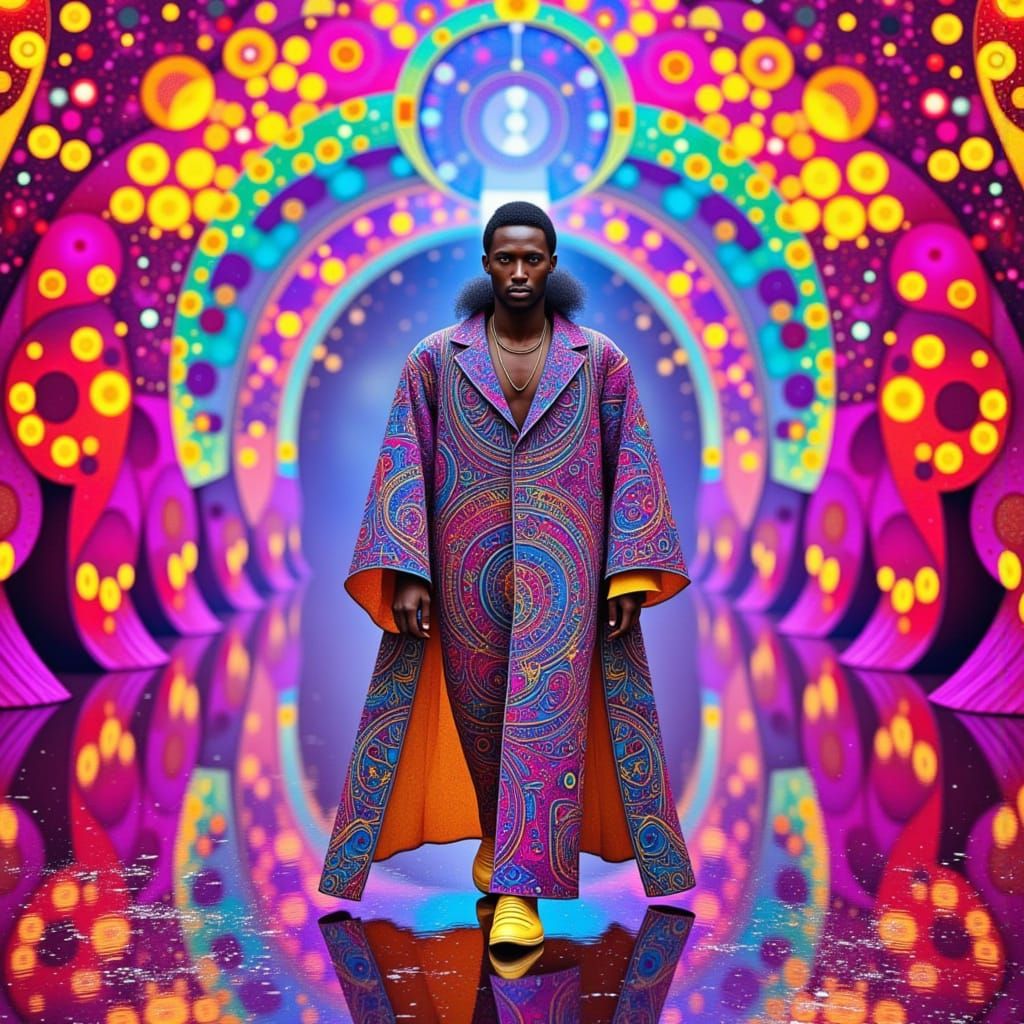<lora:Surreal Happiness:1.0> <lora:art:1.0>  A resplendent, psychedelic priest strides down a radiant, iridescent catwalk