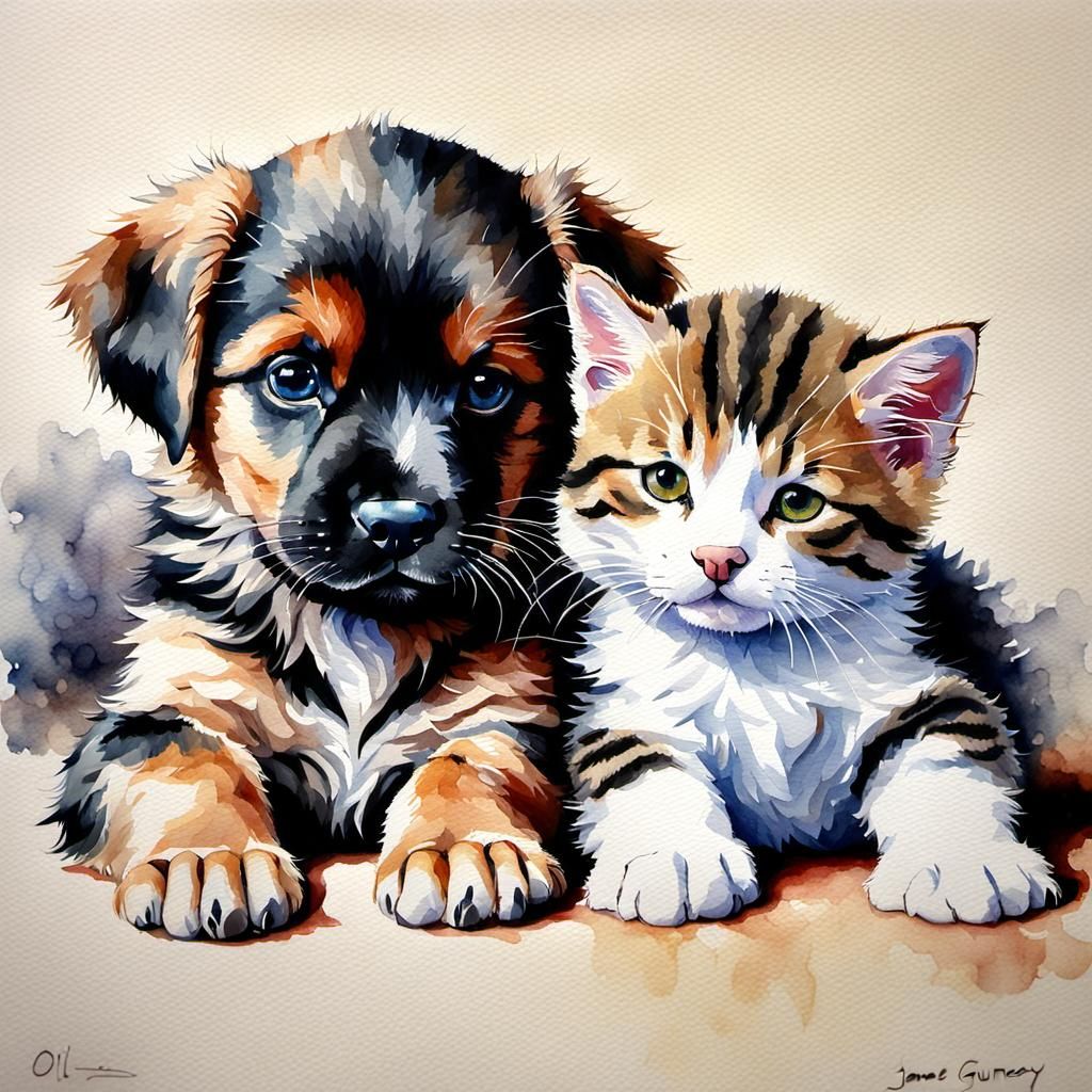 Puppy and Kitten  by @SnowflakePug