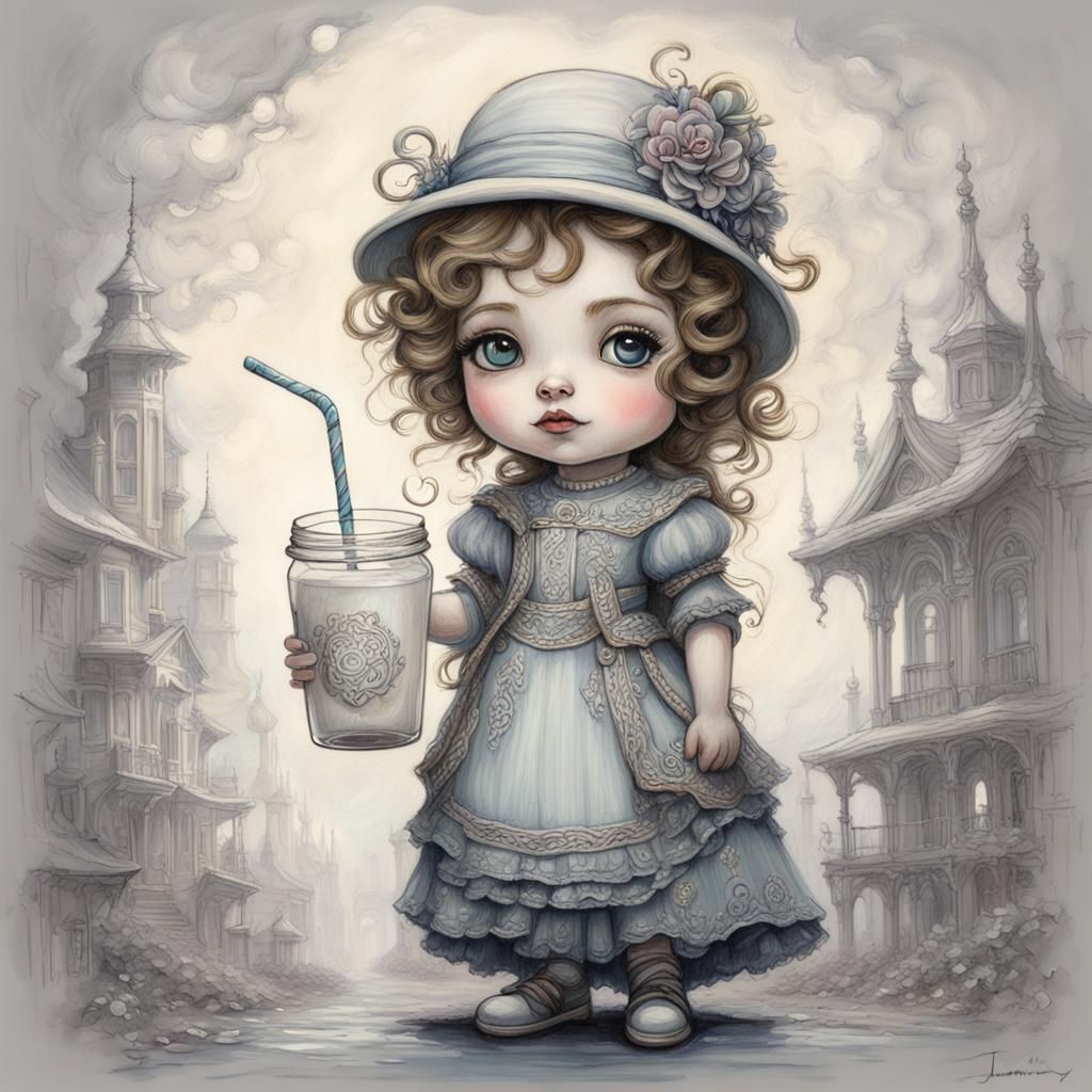 Minimalist Chibi Girl with Milkshake in Oil Paint