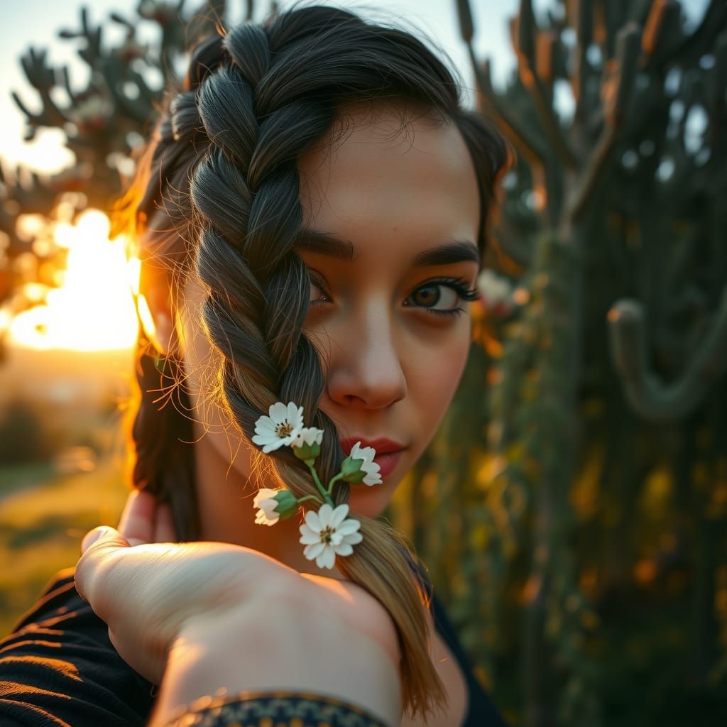 Golden Hour Sunset Portrait with Braided Hair and Flowers