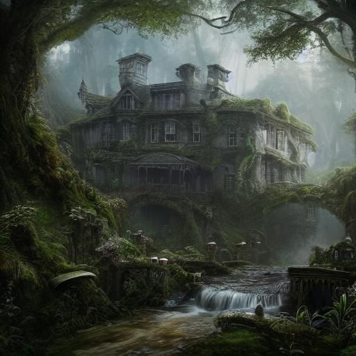 fantastical mansion with a worn down and overgrown appearance. - AI ...