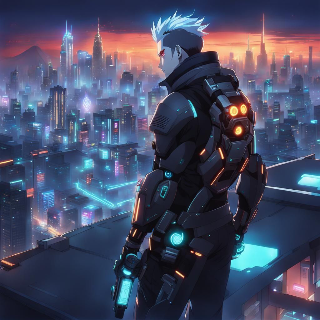 male, cyberpunk character, cyborg arm, glowing cyborg eyes, rooftop,  futuristic, background mega corporation skyline, night, neon lights, sm...  - AI Generated Artwork - NightCafe Creator