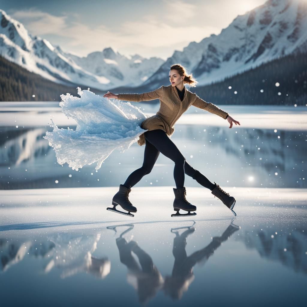 Hyperrealistic Beautiful ice skater skating jumping spinning in hardest