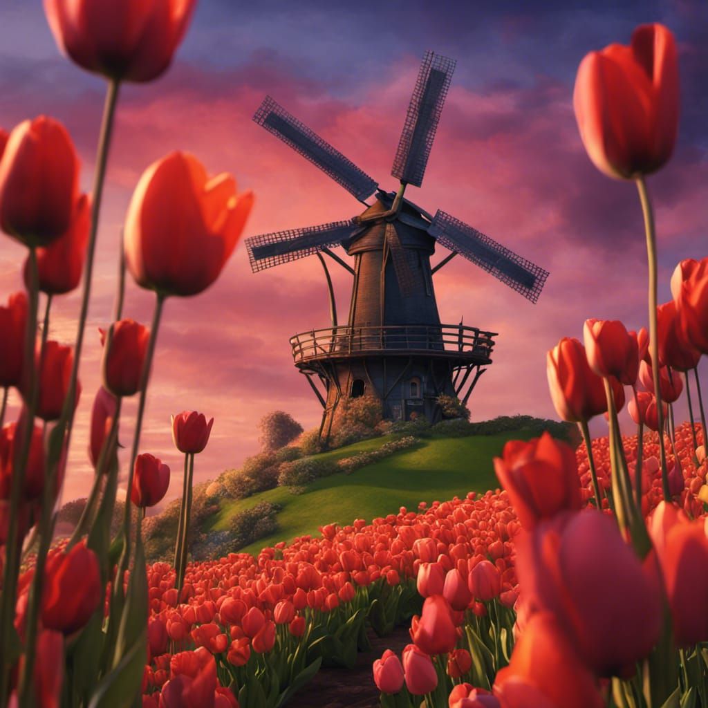 Windmill sunset tulips
