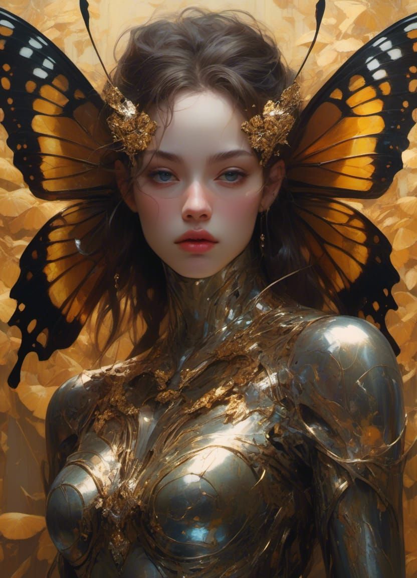 cyborg with brown hair surrounded by butterflies