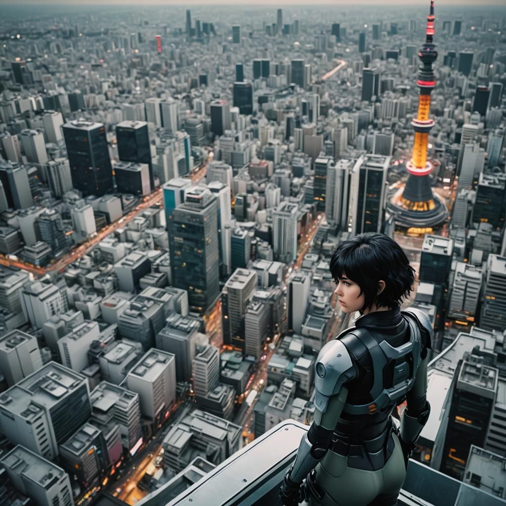 Kusanagi Motoko patrols Tokyo atop SKYTREE, ready to don her...