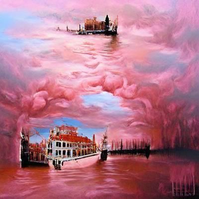 Venezia canals baroque architecture pink sky painting