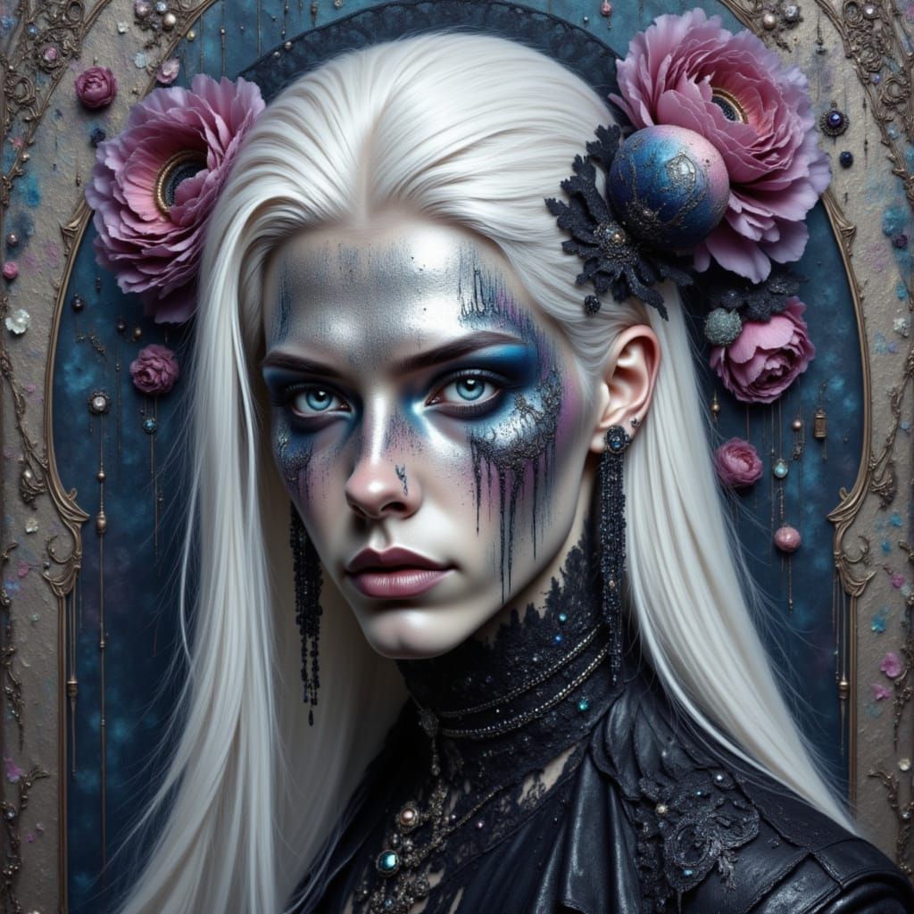 <lora:Exquisite Intensity:1.0> Gothic floral fantasy portrait of a  man android with long white hair man, in Renaissance oil painting style,...