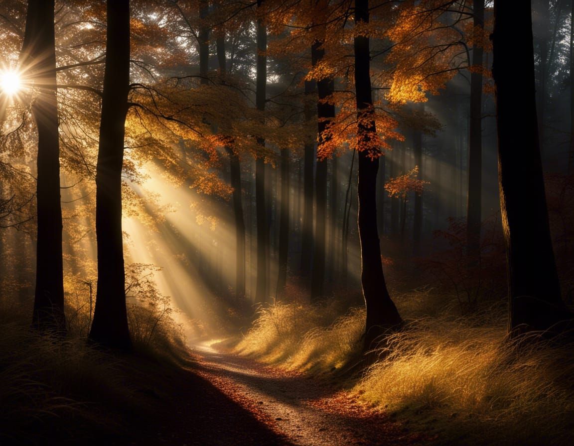 dark forest canopy, autumn trees, forest path, sunbeams , raking ...