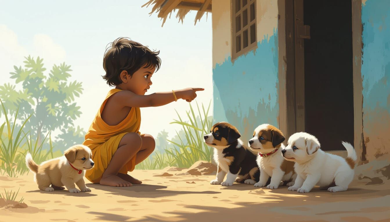 MAHARASHTRAIN  liitle 1 year old cute boy playing with puppies in the varadah of his village home. boy belongs to poor family acts like he i...
