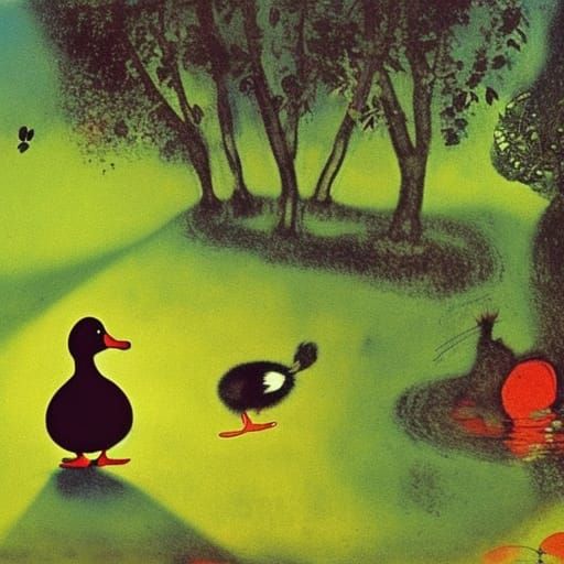 the mouse went to the bushes to pee, and the ducks quacked a...