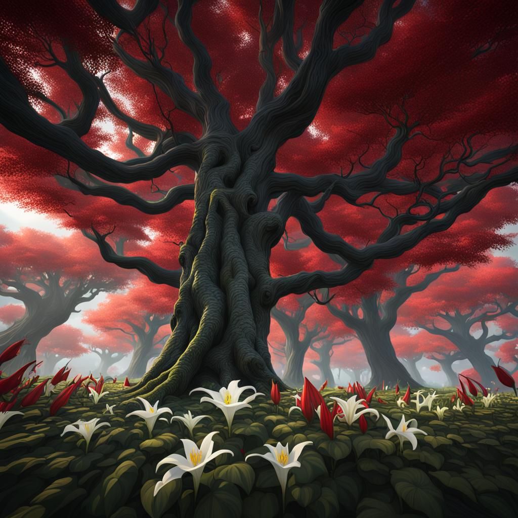 Tall trees with white lillies growing all over with red colo...