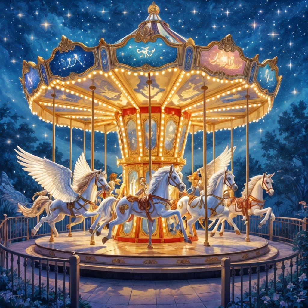 A child's dream of a carousel comes to life, where the horses are replaced by fantastical flying creatures ...  by @Deborah Sutton