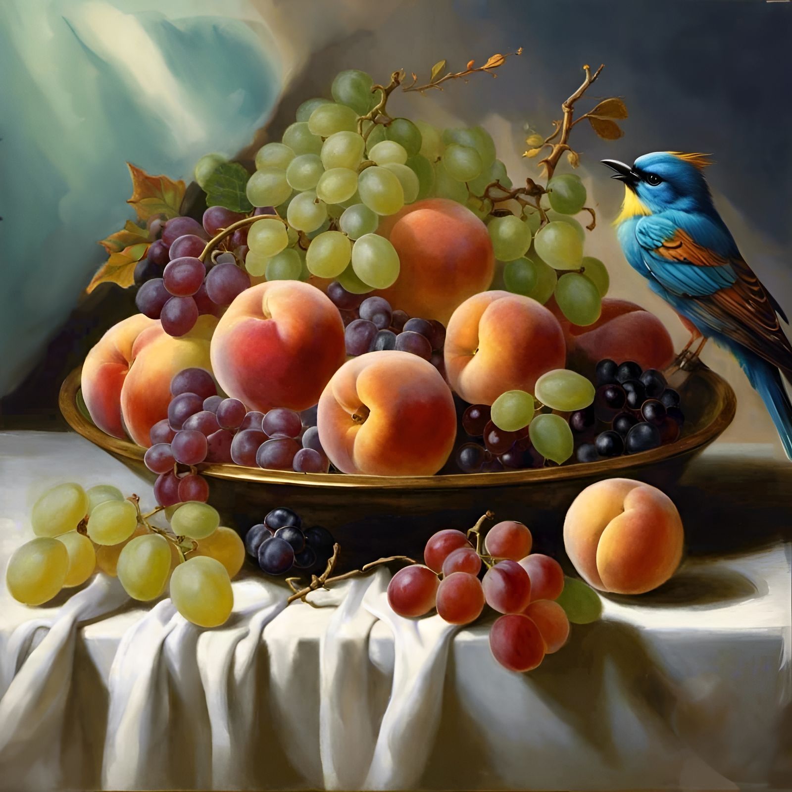 Oil painting hyperrealistic hyperdetailed of Fruits bowl filled with grapes red and green, peaches inside ...  by @Christine Gauthier
