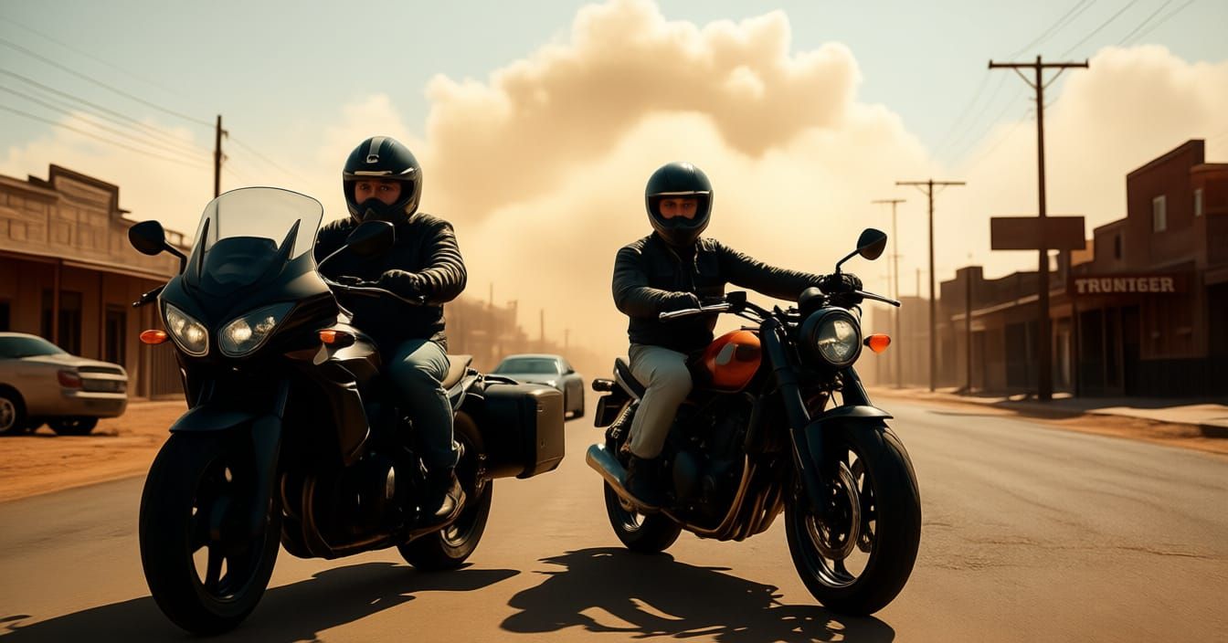 Two friends one on a Yamaha Vmax, the other on a Triumph Rocket 3 ride side by side down a small Australian desert town main street on a hot...