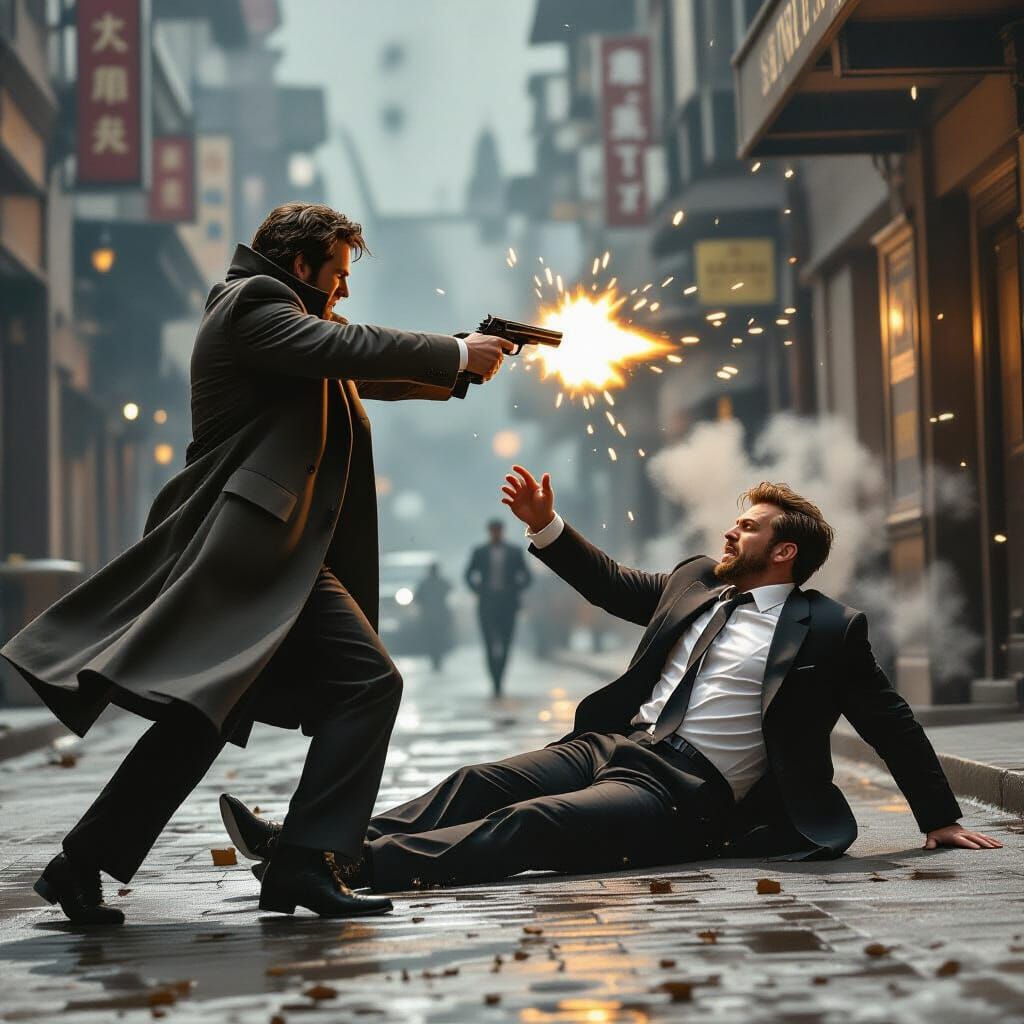 Dramatic Scene of Man Firing Pistol in Retro Sci-Fi Style