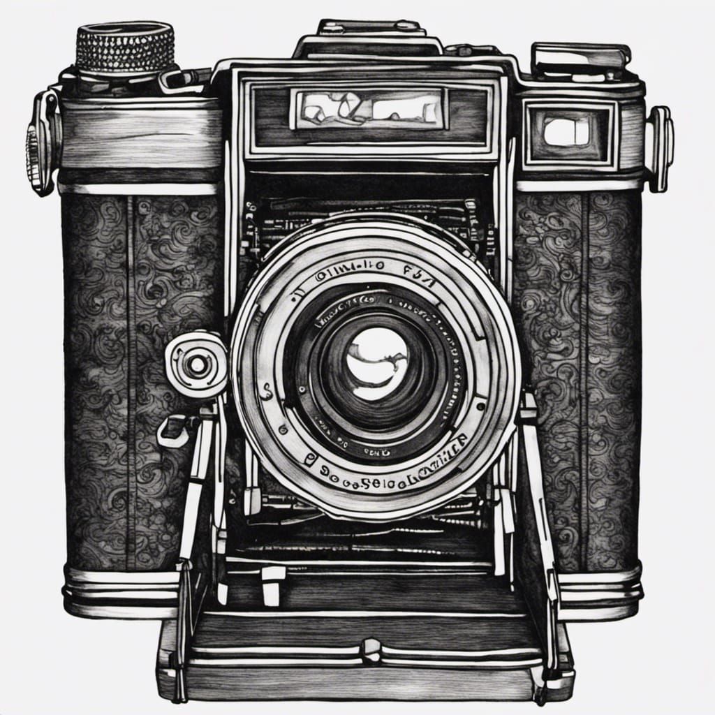 Black and white ink drawing of a vintage camera, kodak, intricate ...