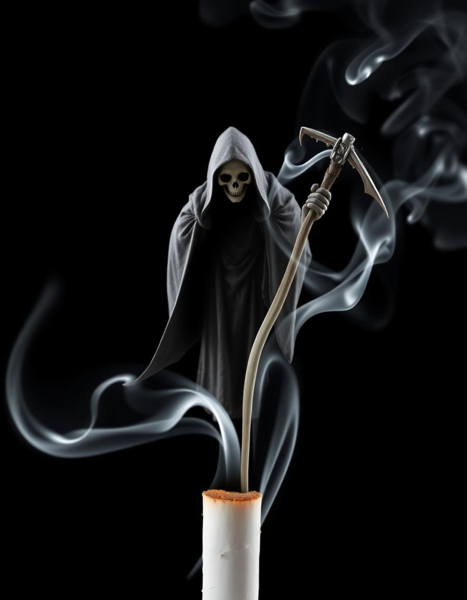 A grim reaper floating above the burning end of a cigarette