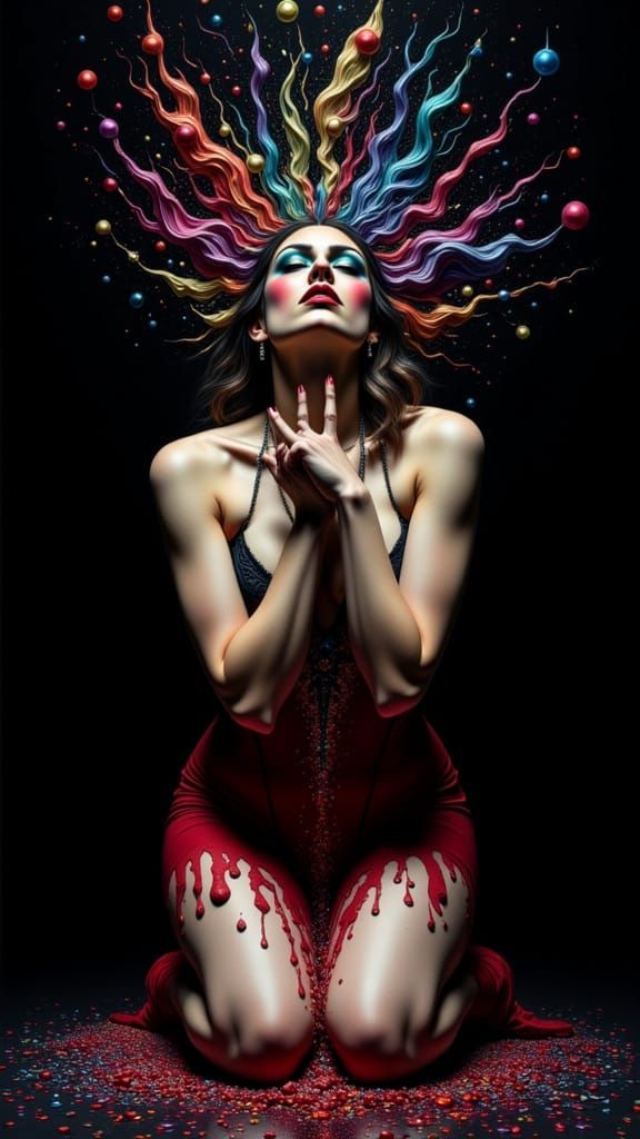 Gothic Cabaret Woman Vomiting Glitter in Art Nouveau Style