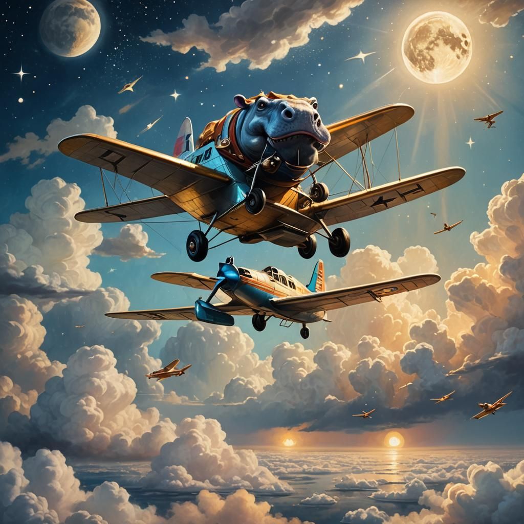 Hippo Rides Airplane on Moon in Oil Painting