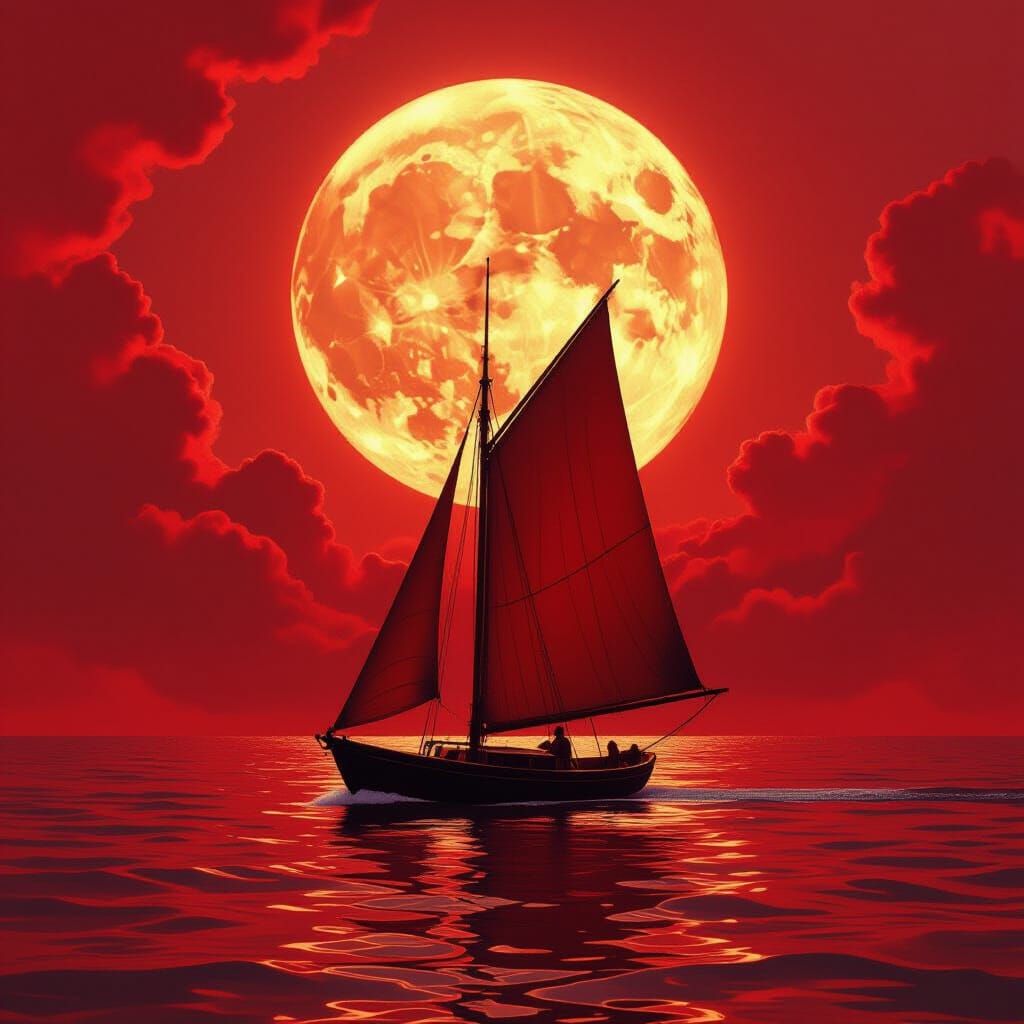 Sailboat Drifting on Crimson Sea, Dreamlike Fantasy Art