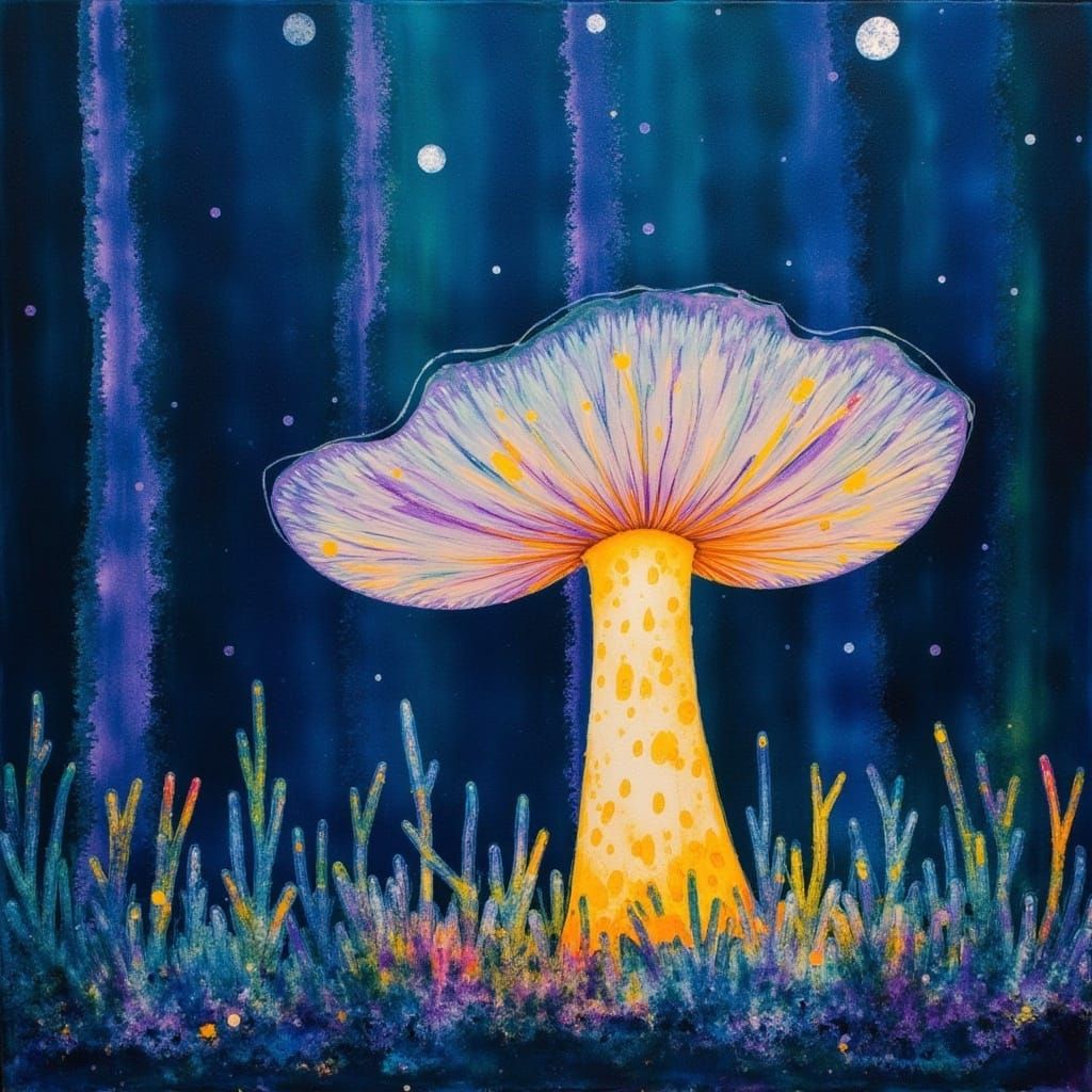 A fairy mushroom house in an enchanted bioluminescent forest. <lora:Painting:1.0> gouache detailed painting