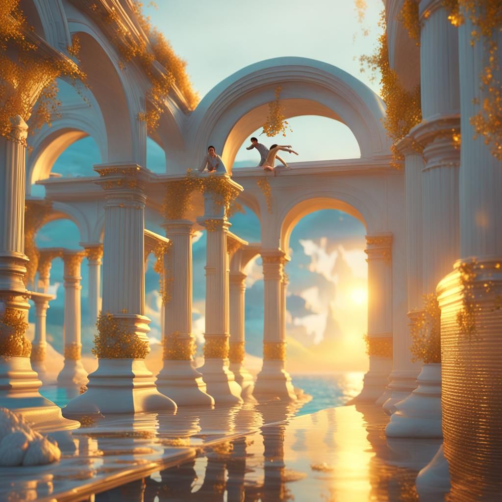 ידיים פורטות על פסנתר כנף לבן עם נגיעות בצדדים של זהב מול חוף הים עם גלים שוצפים בשקיעה עם אווירה אינטימית ואומנותית.