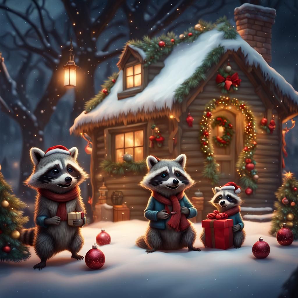 Anthropomorphic adorable raccoon family celebrates Christmas in a festive cottage.  by @AtlantaKen
