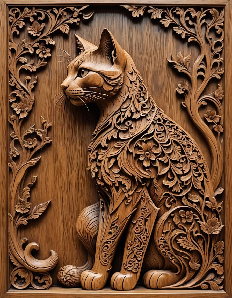 Carved wooden panel representing beautiful cat  by @Alfon