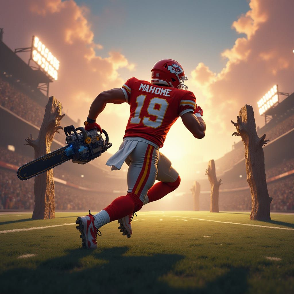 I need a cartoon looking image of Patrick mahomes from a back portrait view and have him in full football uniform but also have him holding ...
