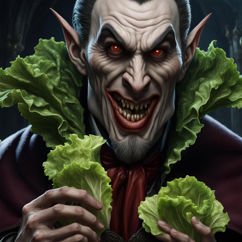 vegetarian dracula eating a lettuce up close and detailed fa...