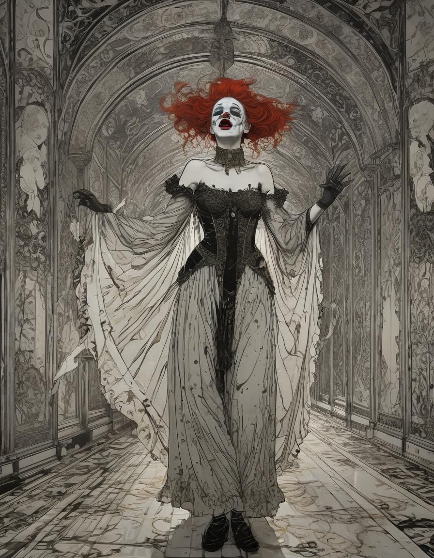 female punk clown, in the style of dark and dramatic chiaroscuro portraits, gothic dark and ornate, dark crimson and light crimson, expressi...