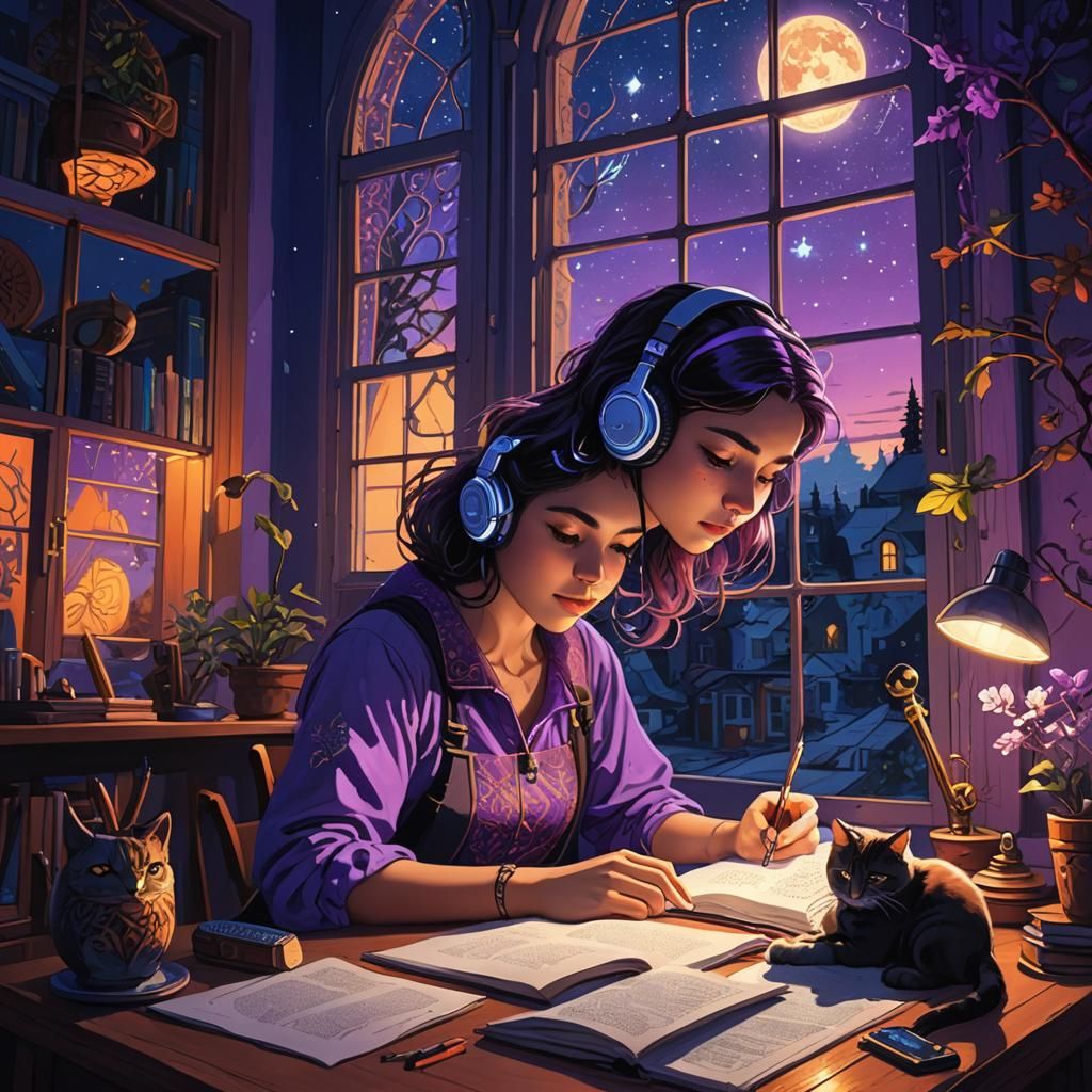 Lofi girl writing and studying on the table under a study lamp wearing  headphone beside a sidewise window at night, comet in the blue purple... -  AI Generated Artwork - NightCafe Creator