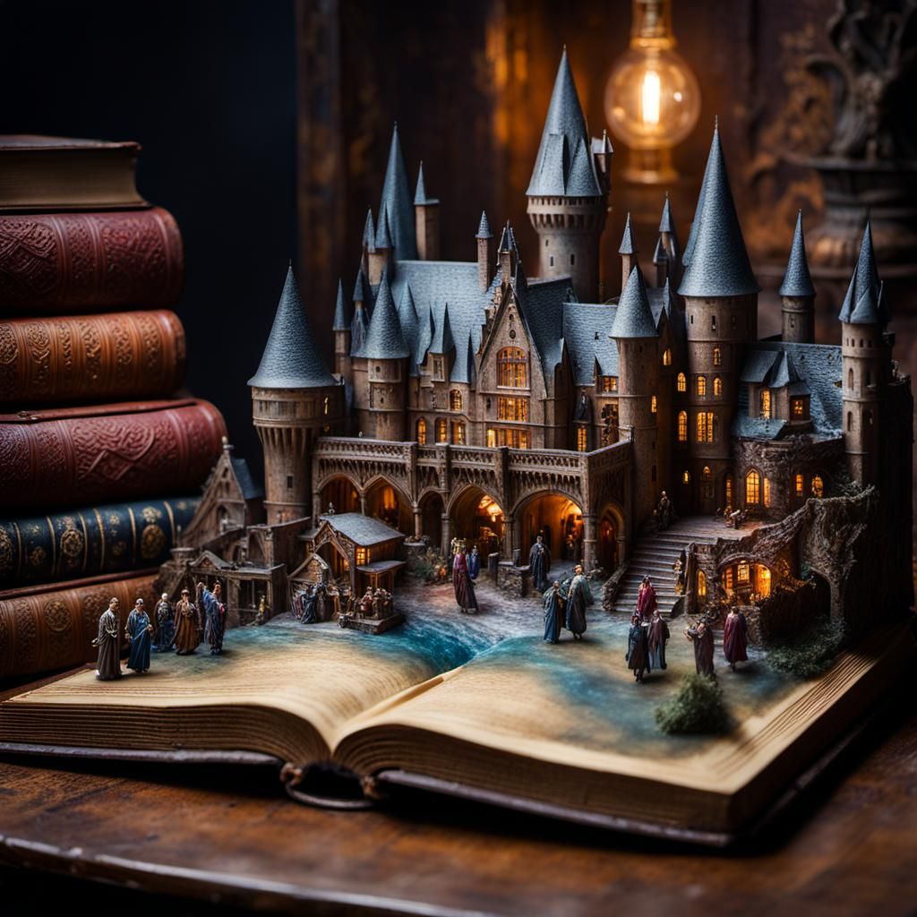 Hogwarts school coming out of Harry Porter book  by @VanGogh_Fan