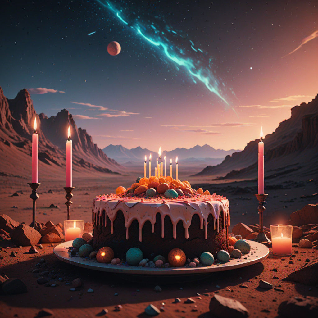Surreal Martian Birthday Celebration in Vibrant Anime Style