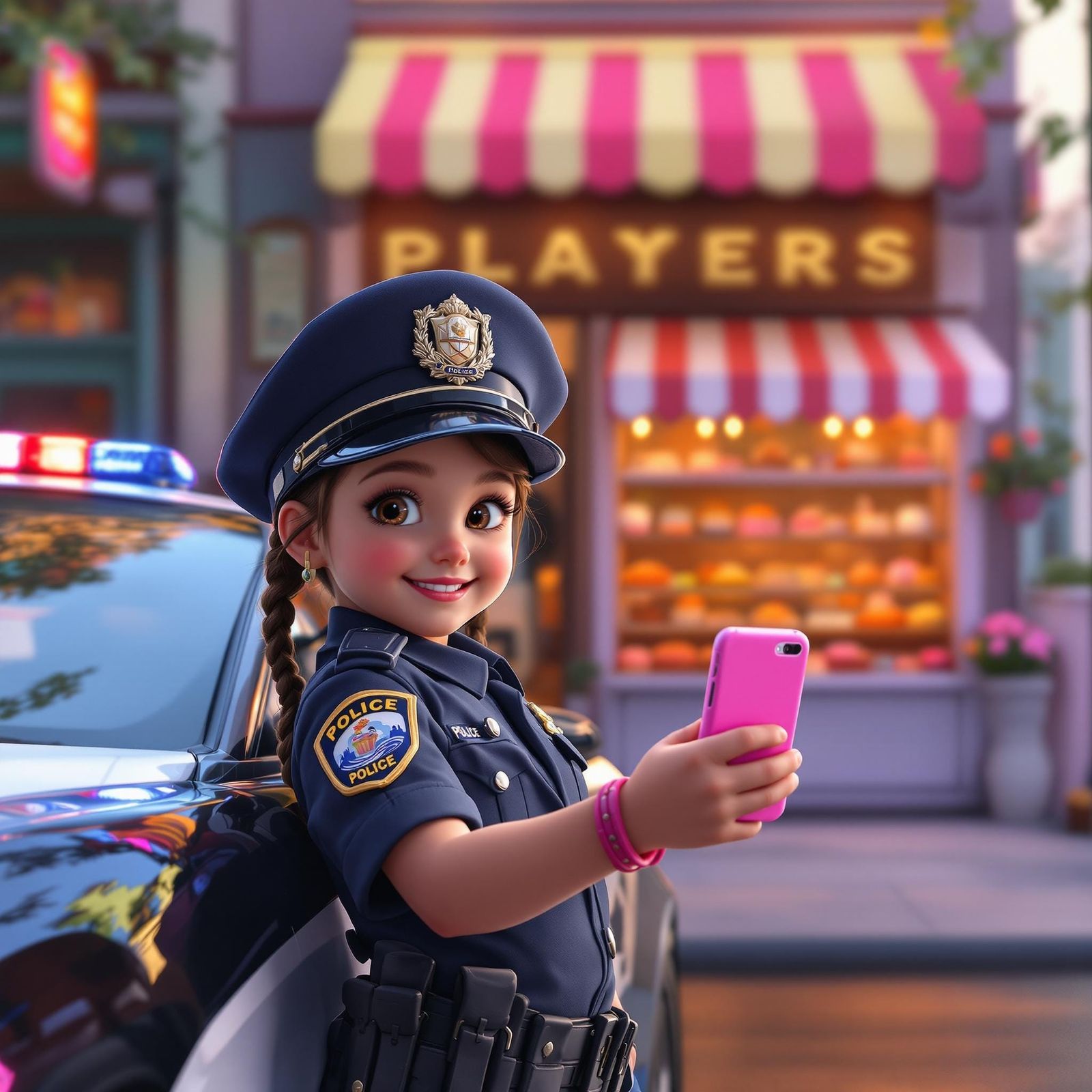 Whimsical Girl Takes Selfie with Police Car and Pastry Shop....