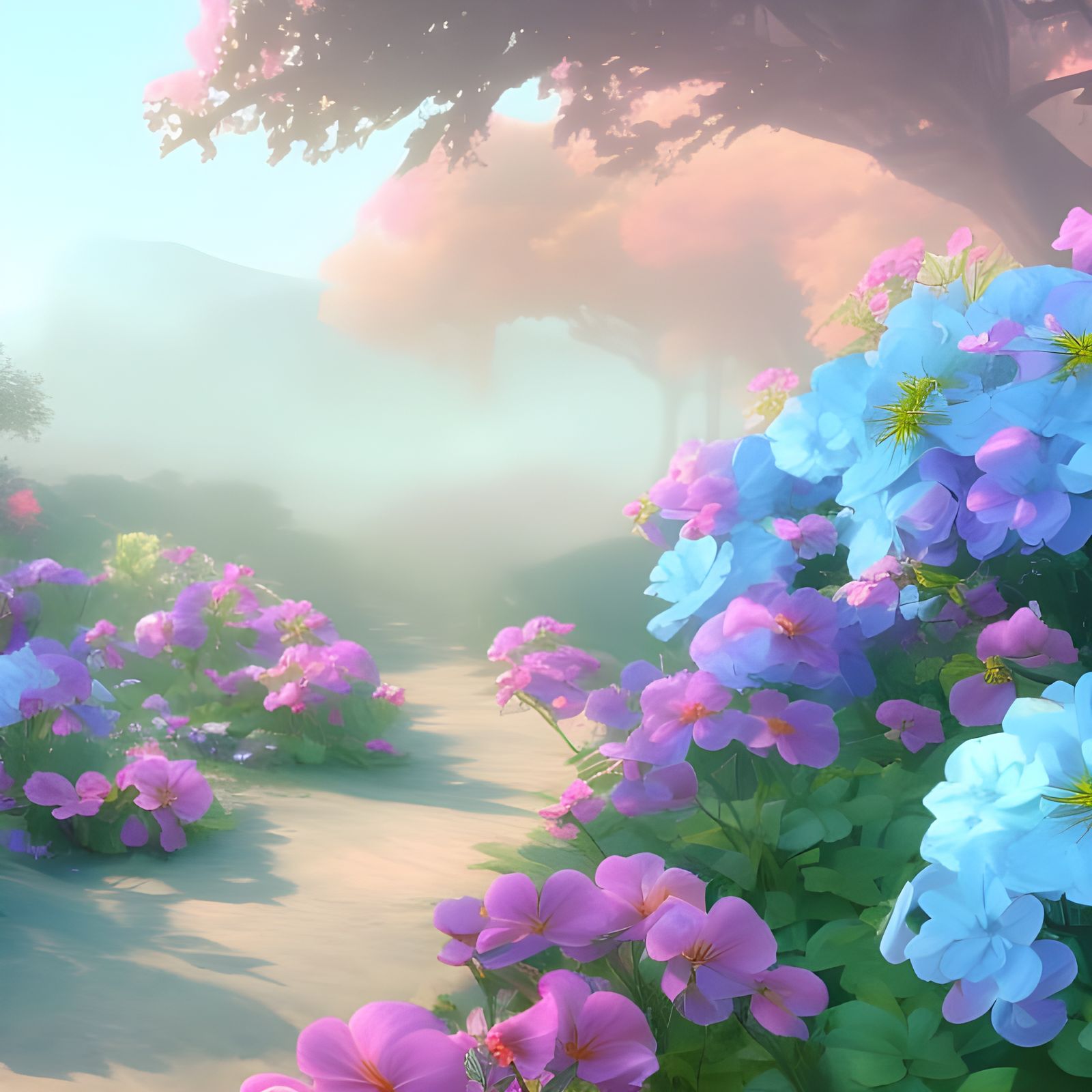 Blue yellow pink Flowers, forest, path, detailed matte paint...