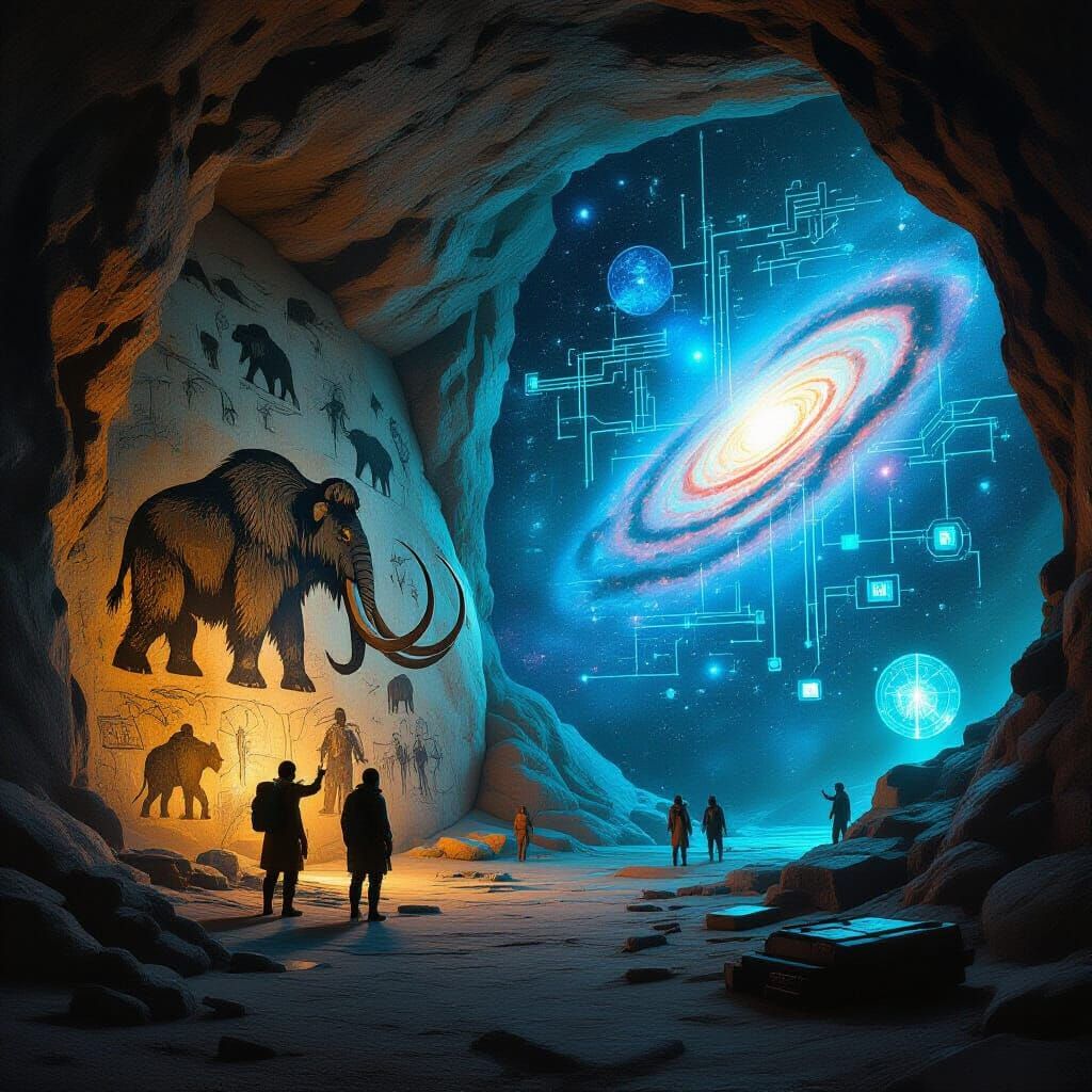 "A prehistoric cave wall covered with primitive drawings blending with futuristic holographic projections, glowing neon symbols overlapping ...