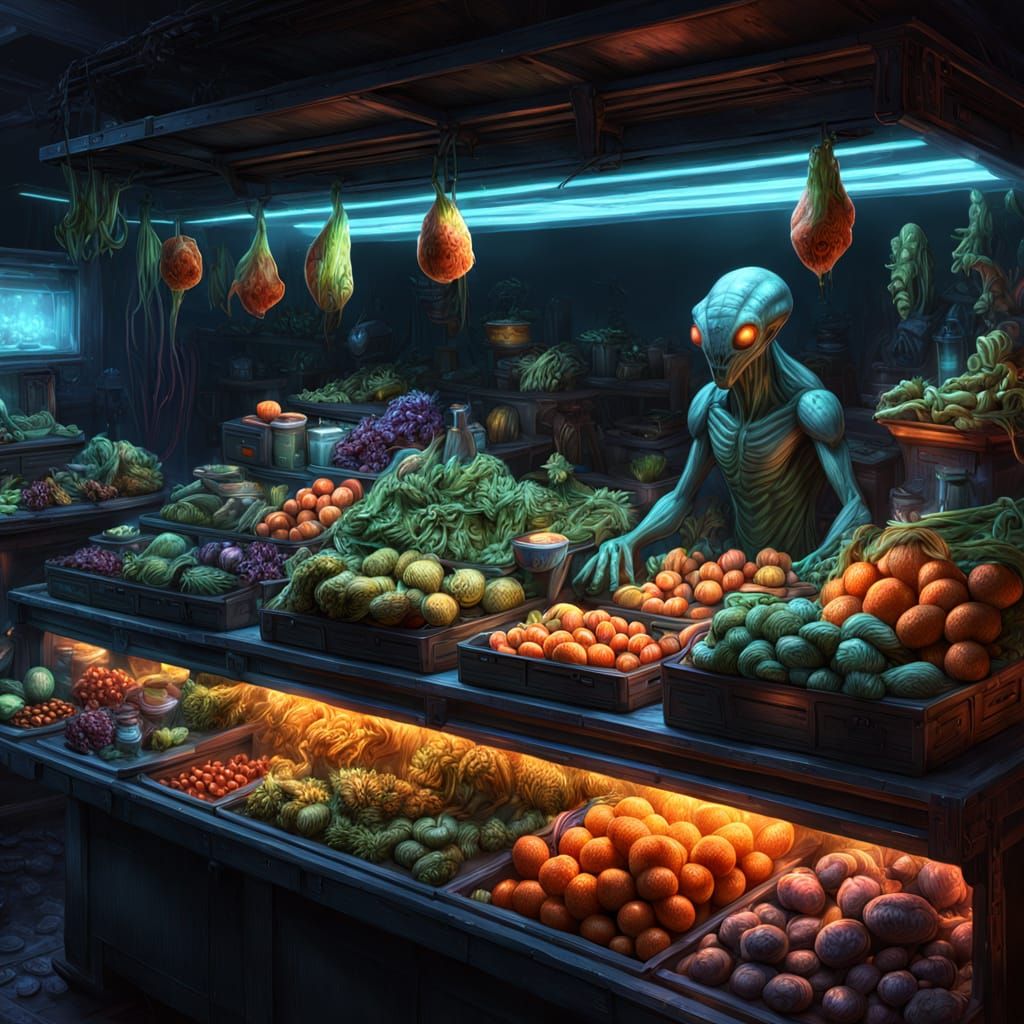 A close-up shot of an alien merchant's stall filled with glowing produce. The stall is lit by bioluminescent ...  by @Al_in_Tanzania